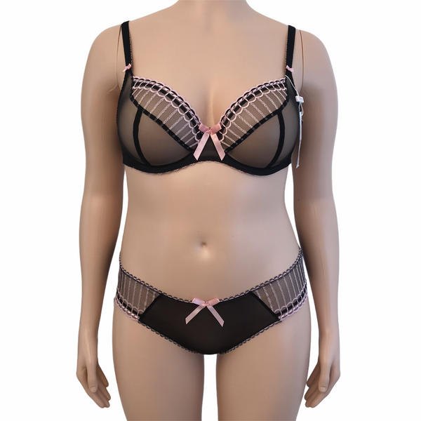 Freya Arabella underwire plunge sheer black bra with matching sheer black panties front view.