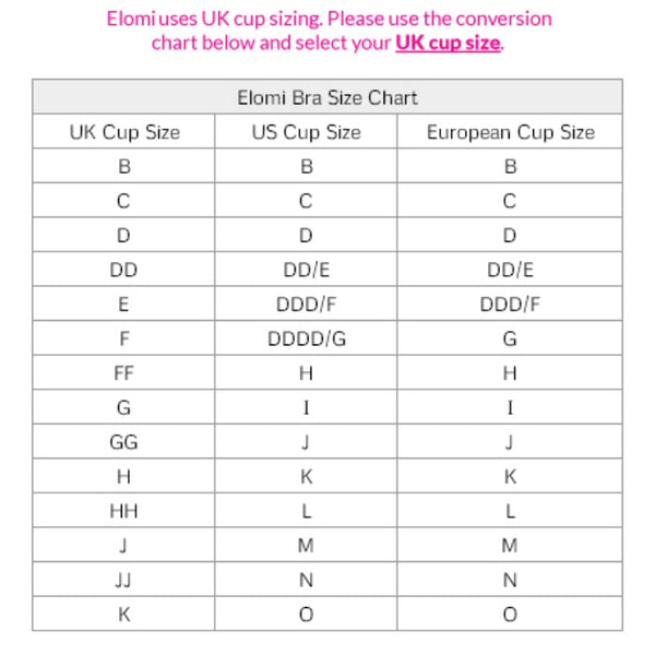 Elomi UK bra size chart with US and European cup size conversion