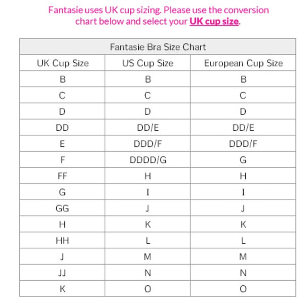 Fantasie UK bra size chart with US and European cup size conversion.