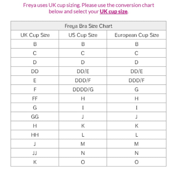 Freya bra UK size chart with US  and European cup size conversion.